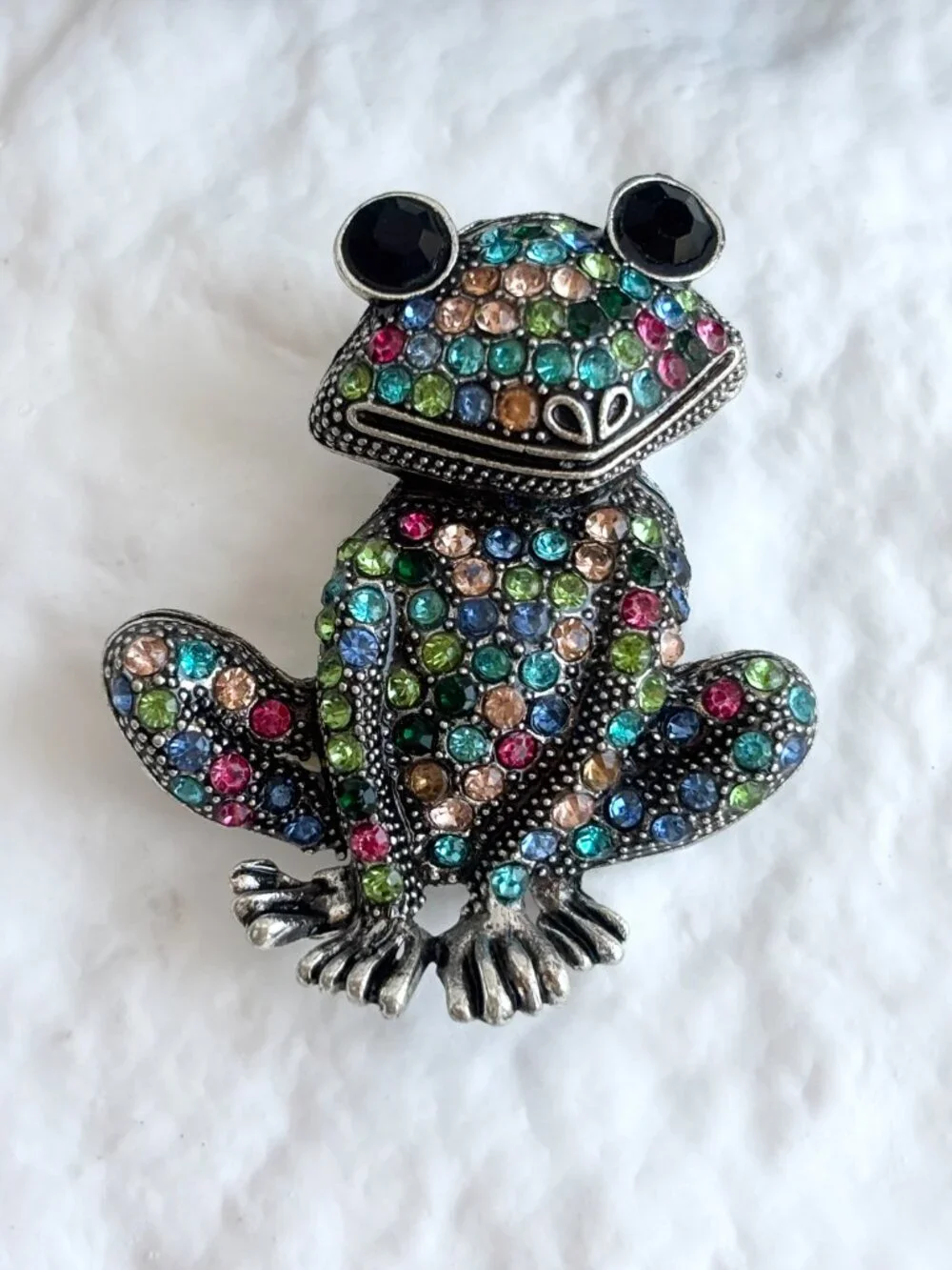 Frog Figural Rainbow Rhinestone Silver Toned Vintage Inspired Brooch Pin